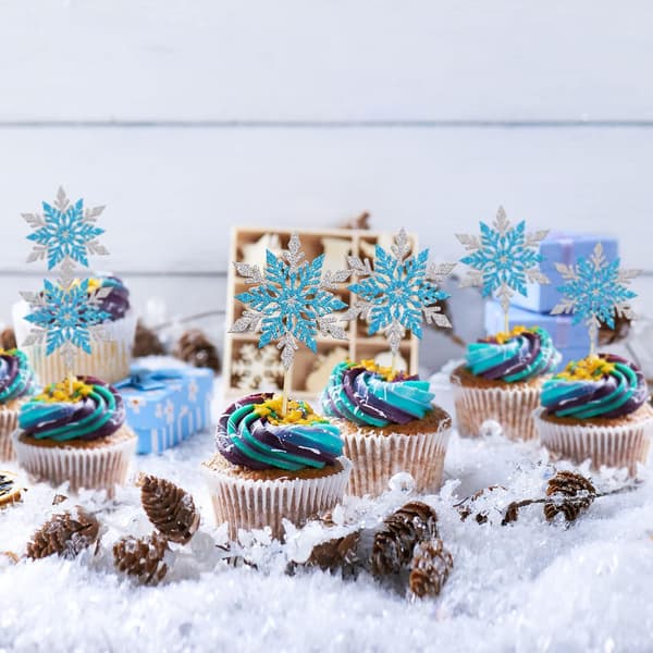24 stk. Snøfnugg Cupcake Toppers Dobbeltlag Sølv Blå Vintertema Cupcake Picks for Babyshower Barnebursdag Julefest