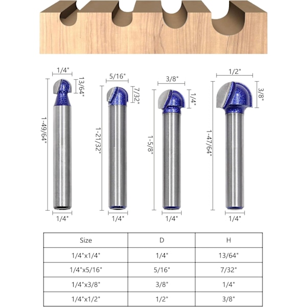 4 kpl pyöreäpääjyrsinteräsarja 1/4\" varrella, 4 kpl 4\" 2\" 16\" 8\" 4 Pcs - Core Box Router Bit