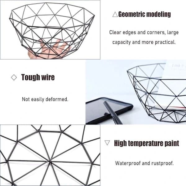 Metal Fruit Basket Decorative Wire Bowl with Ventilated Geometric Design for Kitchen Countertop Fruit Snacks and Bread Black 26 cm