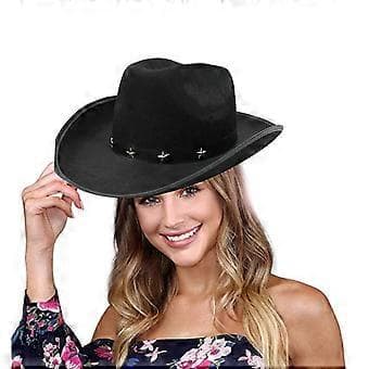 Solid Breathable Cowboy Hat Western Style Large Brim Hat Casual Sunproof Hat with Star Rivet Decor & Chin Strap Brown