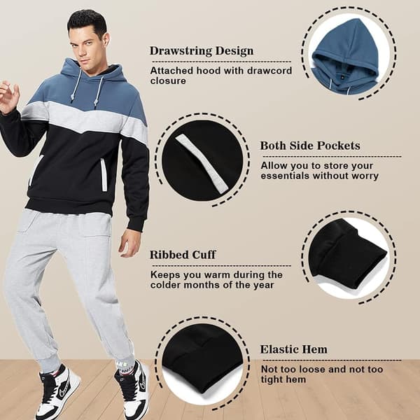 Herr Fleece Hettegenser Pullover Uformell Hettegenser Kontrastfarget Topp med Kengurulomme 90blue L 90blue L