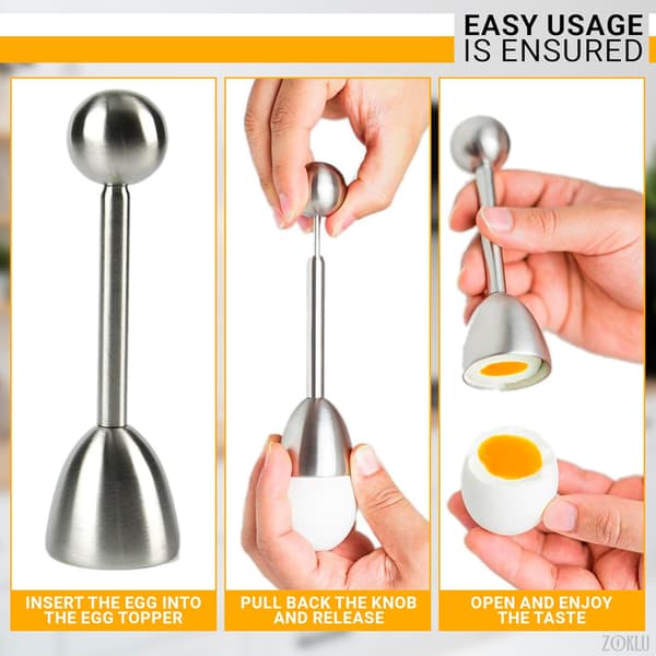 Eggshell opener, 2 egg cups for soft-boiled and hard-boiled eggs with 2 spoons, stainless steel construction, fits most egg sizes