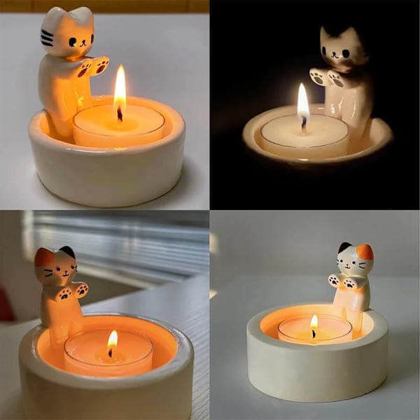 Cartoon Cats Candlestick High Temperature Resistance Reusable Candle Holder for Desktop White White White White
