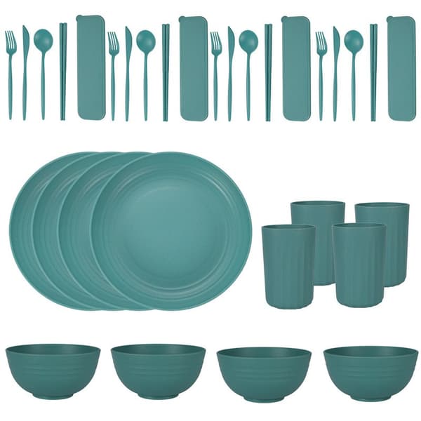 32-piece Wheat Straw Dinnerware Set, Reusable Plates Bowls Mugs, Eco-Friendly Green Tableware