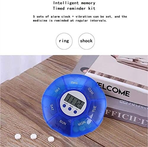 1 stk (blå) pilleboks med timer, pilleboks med alarm, 5 vekkerklokker