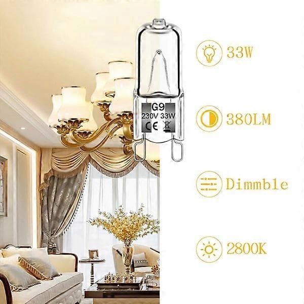 12-pack G9 halogen bulbs 33W 230V 2800K warm white 380lm clear capsule, dimmable and flicker-free