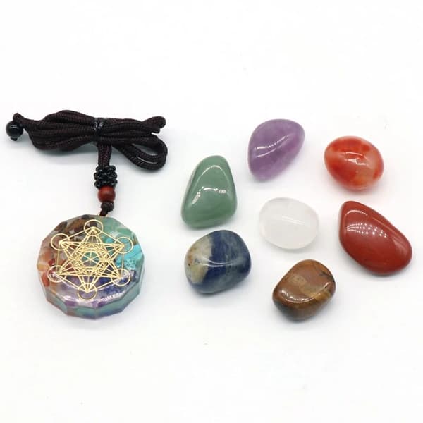 Aura Chakra Sett Blandet Krystall Healing Dekorasjon Polert Edelstenssamling Halskjede