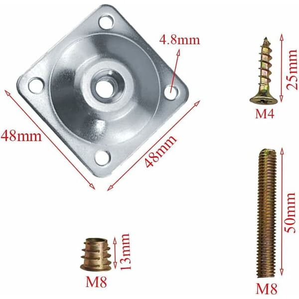 Møbelbenfestplater 4 stk firkantede metallbenfestplater sofafestplater med bolter og skruer for sofaseter sølv 48x48mm
