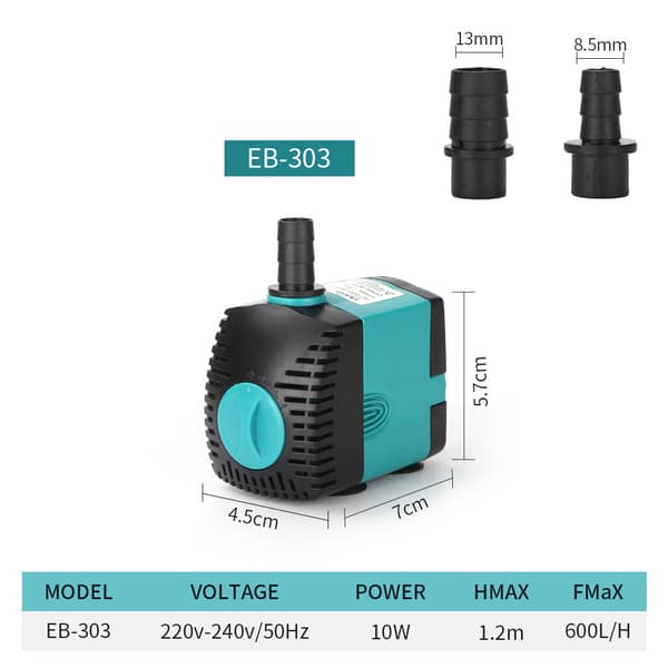 Dränkbar fontänvattenpump (600L/H, 10W) med 2 munstycken, 1,2 meter lyfthöjd