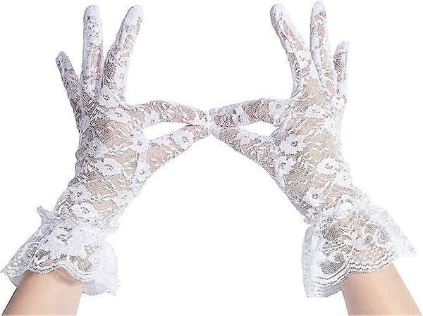 Dame Vintage Gennemsigtige Blomstrede Blonde Handsker Hvid [DB]