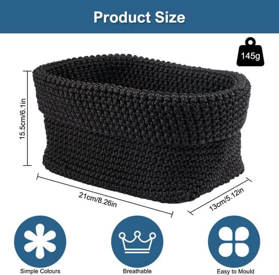 Crocheted Storage Basket - Compact - Black - Synthetic Fiber - 21x13x15.5 cm