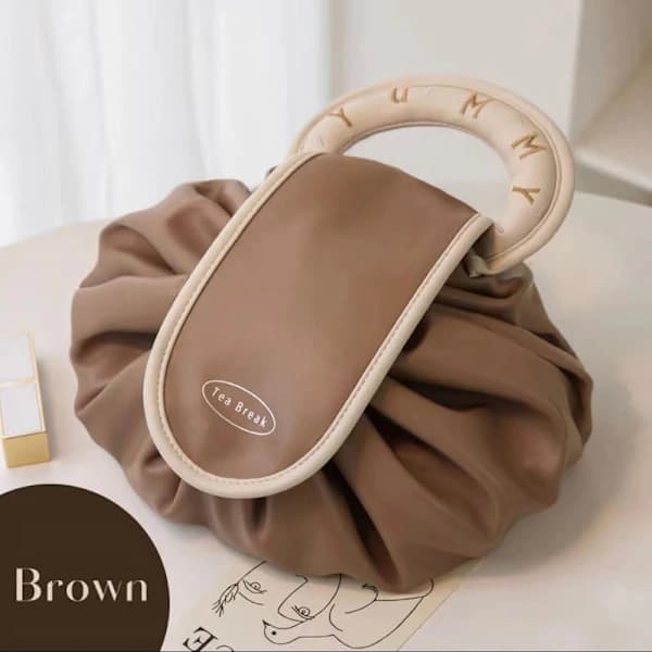 Drawstring Cosmetic Bag with Handle, Multifunctional Portable Toiletry Bag for Daily Use/Travel, Brown