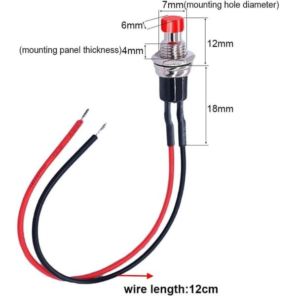 7mm Pre-wired Mini Push Button Switch 12pcs SPST ON/OFF 2 Pin Round 3V-6V-12V-24V-230V/1A Normally Open for Model Railway Hobby