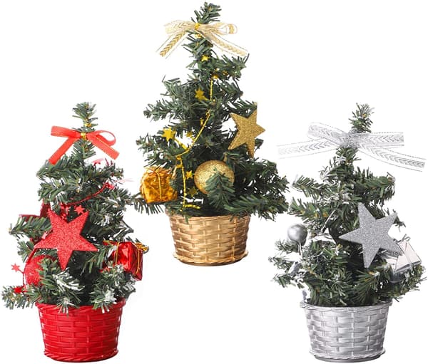 Mini kunstig juletre - Rød (med pynt), 20 cm skrivebord