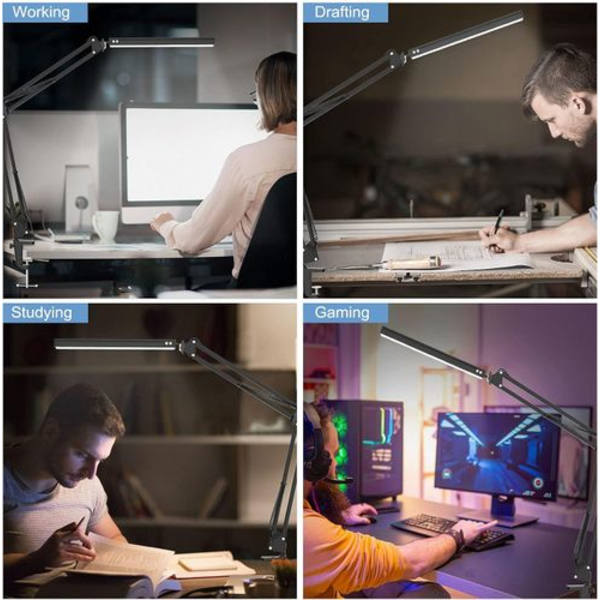 LED-skrivebordslampe med klemme, svingarm, justerbar
