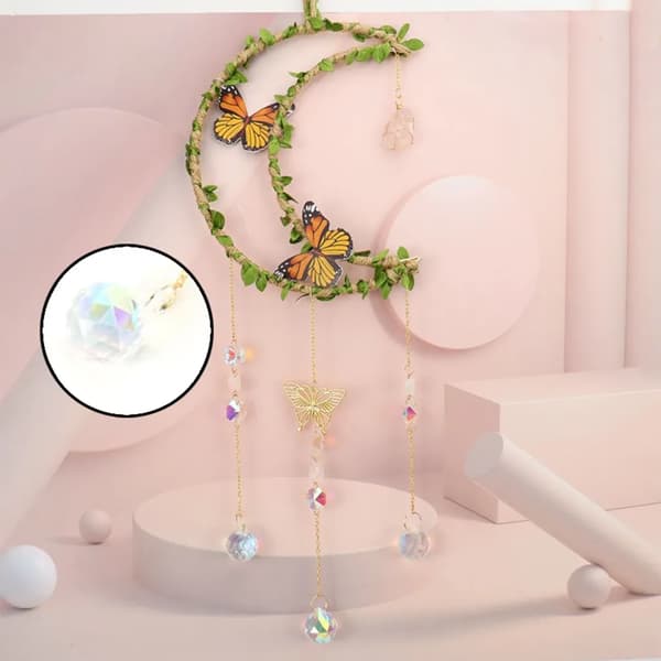 Yellow Butterfly Crystal Suncatcher, Window Hanging Decoration, Moon & Leaf Design