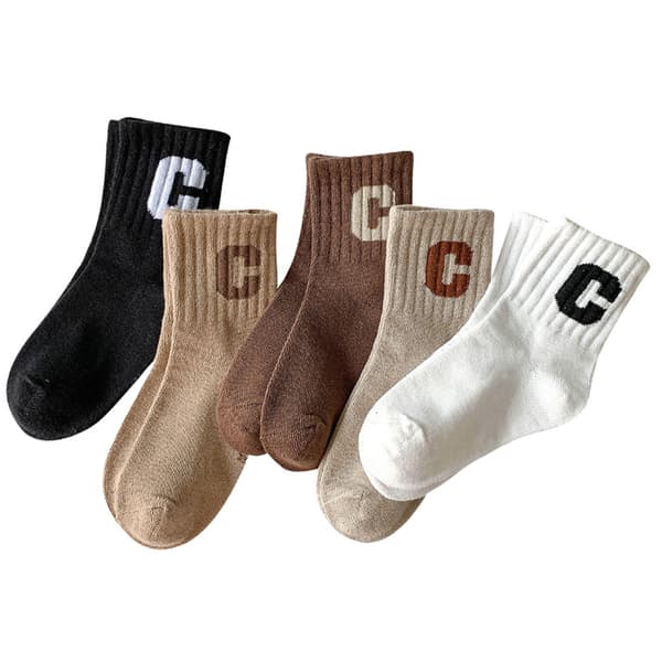 Børnestrømper Mid Calf Kæmmet Bomuld Varme Stilfulde C-Bogstav Børnestrømper til Efterår Vinter XL 9-12 År Gamle (Passer til Fodlængde 7.1-8.7 tommer)