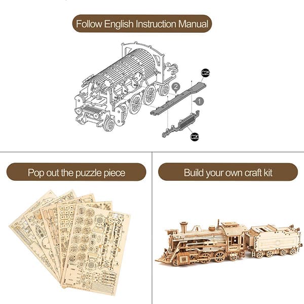Wooden Mechanical Train Model Building Kit 3D Puzzle Educational Assembly Toy [F]