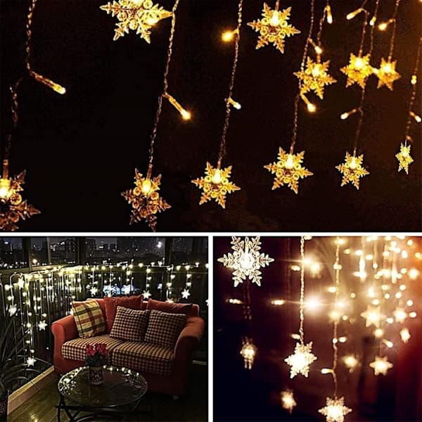 LED Curtain Light String, 4M Snowflake Light String, Christmas Lighting 4 Flashing Modes, Waterproof Lighting for Christmas Windows