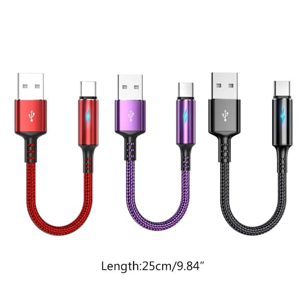 QD-Compact USB-C til USB-A Lade- og Datakabel 2.4A Ladeledning 25cm Kort Kabel, Nylon og Aluminiumslegering Materiale Rød 0.02