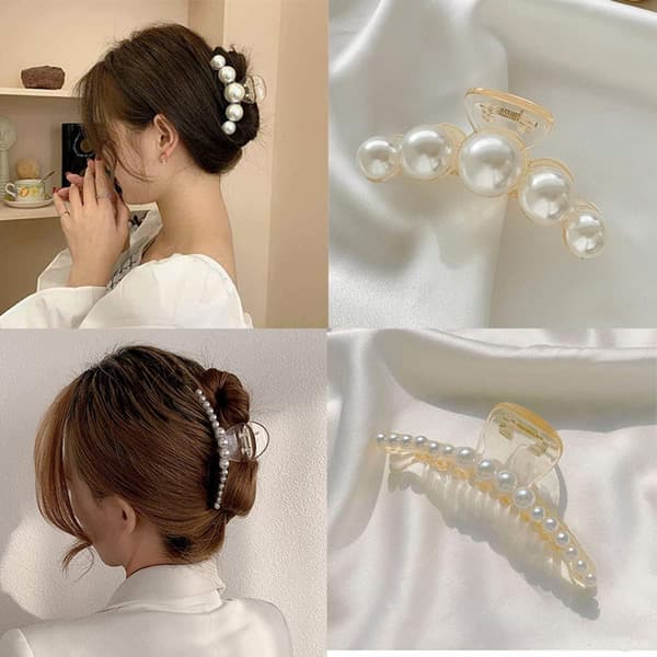 4 store perlehårklemmer for kvinner og jenter for tykt og tynt hår F