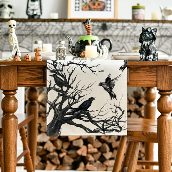 Silhouette Træ Krage Halloween Bordløber, Grene Efterår Køkkenbordsdekoration til Udendørs Familiefester 33x183 cm