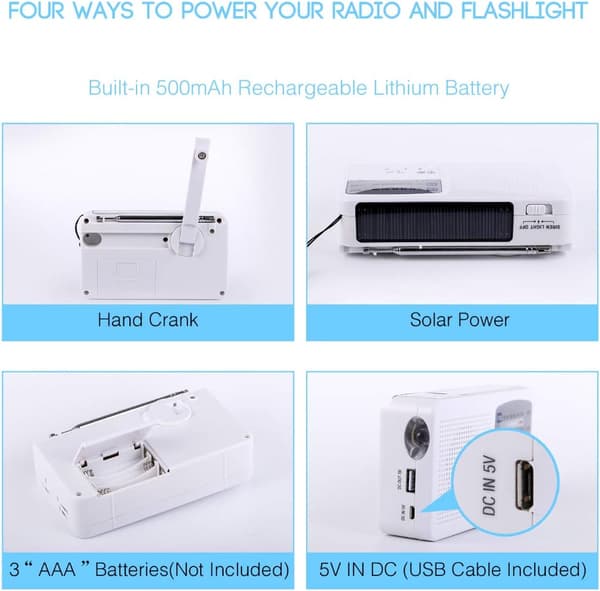 Portable Emergency Radio with Solar Crank and Self-Sufficient USB Battery Charging White