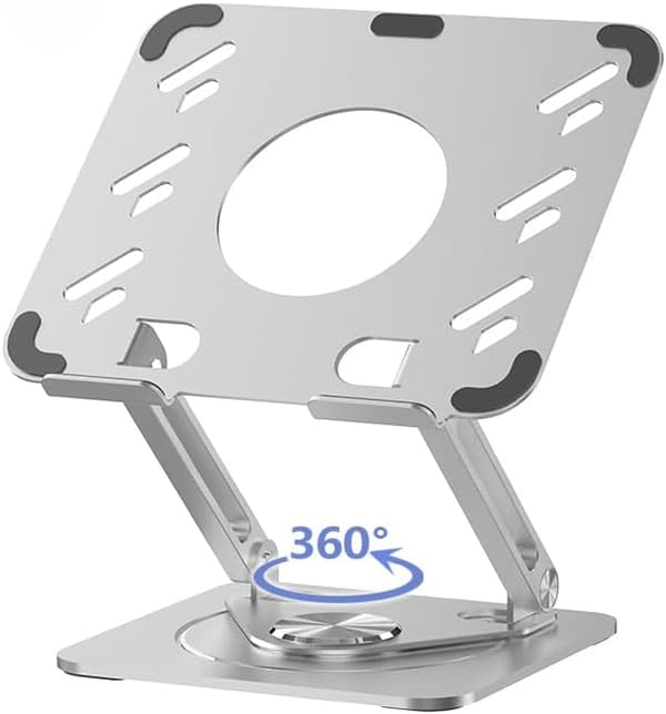 Bærbar computerstativ til skrivebord, justerbart aluminiumsstativ med 360° roterende base, foldbar ergonomisk hæver, bærbar holder kompatibel