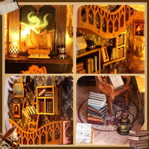 DIY Bokhjørne Kit - Miniatyr Trehus med Møbler og LED-Lys - Magisk Bibliotek