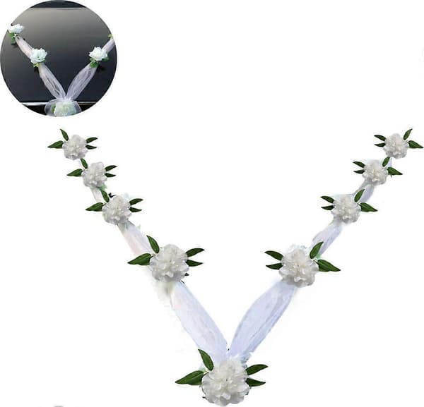 Bröllopsbilsdekorationsset: Blomsterarrangemang + rosett + plyschbjörn, sidenorganzagirlang