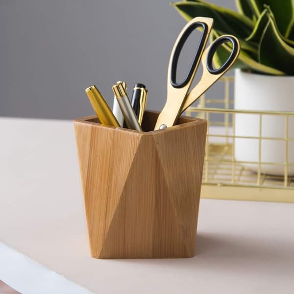 Penholder i bambustræ til skrivebord, geometrisk pennekop