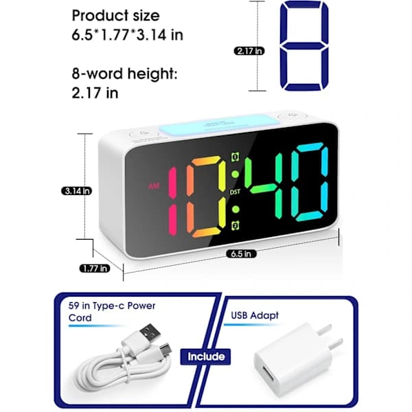 Digital väckarklocka för tungsovare, extra högt dubbellarm med 7-färgs nattlampa, stor LED-display, vit White