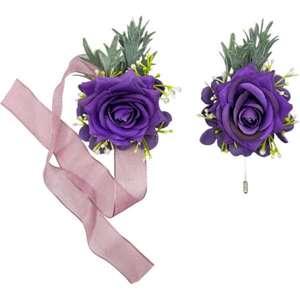 Rose Håndledskorsage og Knaphulsblomst Sæt Lilla