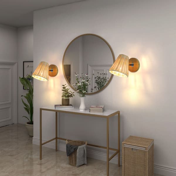 Vegglampe i rotting - Rustikk vegglampe i tre - Justerbar arm, egnet for barneseng, soverom, stue, bad