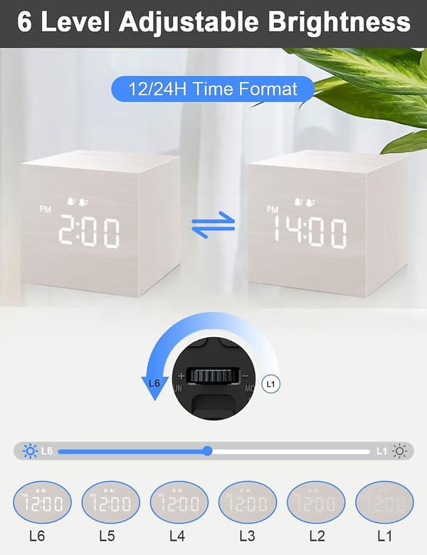 SCSYV Digital Väckarklocka, med Trä LED-Display, Dubbla Alarm, 2.5 Tum Kubisk Liten Mini Träklocka för Sovrum, Sängbord Vit Vit White