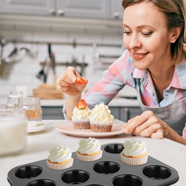 Muffin Pan - 12 Muffins - Cupcakes - Cupcake Molds - BPA-free - Non-Stick - Cooking & Baking - Reusable - Baking Molds - Oven Safe - Black_yu