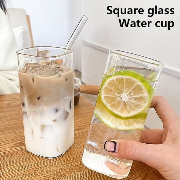 Square Heat-Resistant Transparent Coffee Cup Milk Tea Cup Water Cup Lid and Straw Coffee Cup Drinking Cup