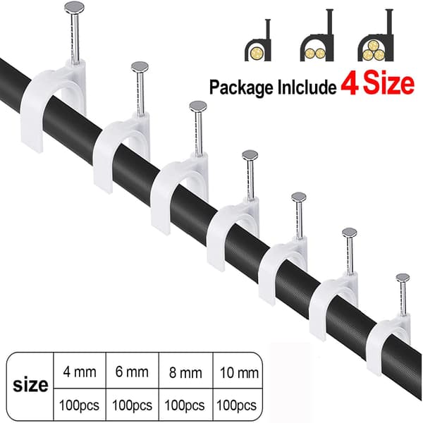 400 pcs Cable Nails, 4 Sizes (4mm 6mm 8mm 10mm) Durable Round Nail Cable Clips, Wire Fasteners, Cable Nails