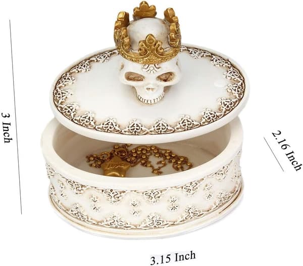 White Skeleton Head Skull Jewelry Organizer Box Holder with Crown