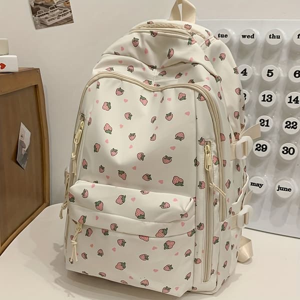 Women's Nylon Backpack with Printed Rose Design, Multiple Compartments, Large Capacity Not provided White Not provided White