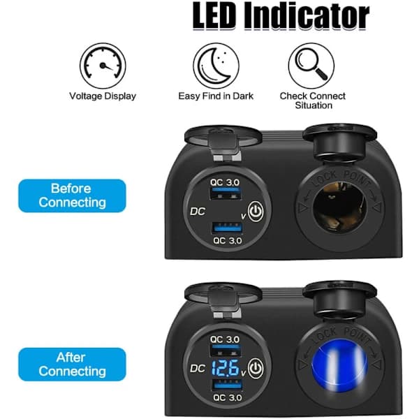 Two-hole panel, charging 3.0 dual USB car charger + 12V/24V socket for car motorcycle boat ATV RV