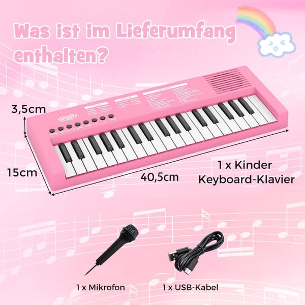 Rosa keyboardpiano til børn, 37 tangenter, 8 rytmer, USB og batteri