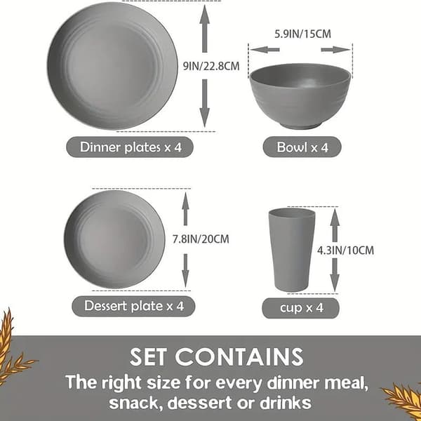 Wheat Straw Dinnerware Set, 16-Piece, Black, Plates Bowls Mugs, Microwave Safe, Household