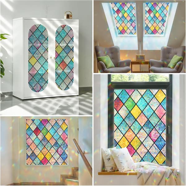 Window Film, Colorful Grid Window Decal, 3D Sun-Blocking Window Film (45cm x 200cm)