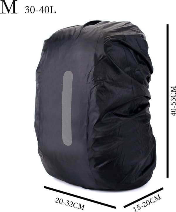 Vandtæt rygsæk regnslag, reflekterende, sort, M (30-40 liter), til skoletaske