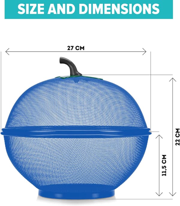 Apple-shaped fruit basket with net and lid, vegetable table holder, keeps unwanted pets and insects away, dish drying basket for kitchen Blue Blue