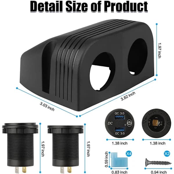 Two-hole panel, charging 3.0 dual USB car charger + 12V/24V socket for car motorcycle boat ATV RV