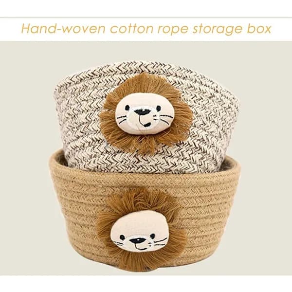 Cotton Storage Basket, Woven, Foldable, Lion Motif for Desk, Cosmetics, Snacks, Remote Control, Yellow 16 x 9 cm