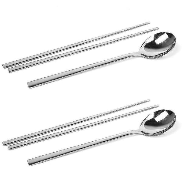 Set med ätpinnar och sked i rostfritt stål, 2 st koreanska metallbestick för hemmamiddagar
