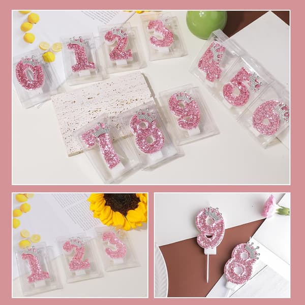 Bursdagslysnummer, rosa kronebursdagslys til kake, glitter nummer 6 lys kakedekorasjon med paljetter (rosa 6)